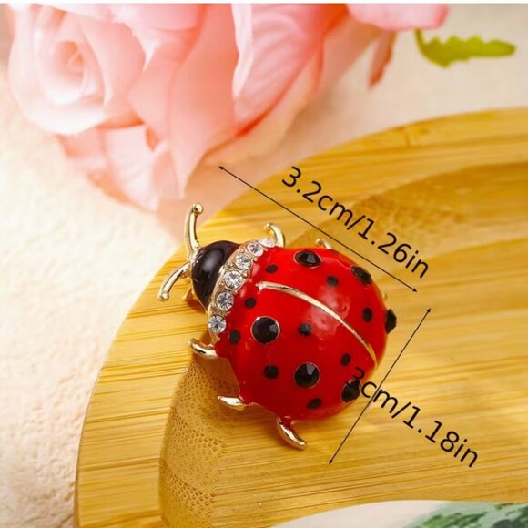 Cute Lady Bug Ladybug Brooch Red & Black Enamel with Crystal Accents - Picture 2 of 2